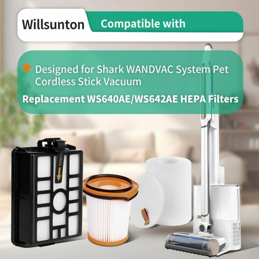 Willsunton 6-Pack Replacement Filters for Shark Wandvac WS642AE/WS640AE Cordless Vacuum - 2 Fabric, 2 HEPA Self-Empty Base, 2 Felt & Foam Filters
