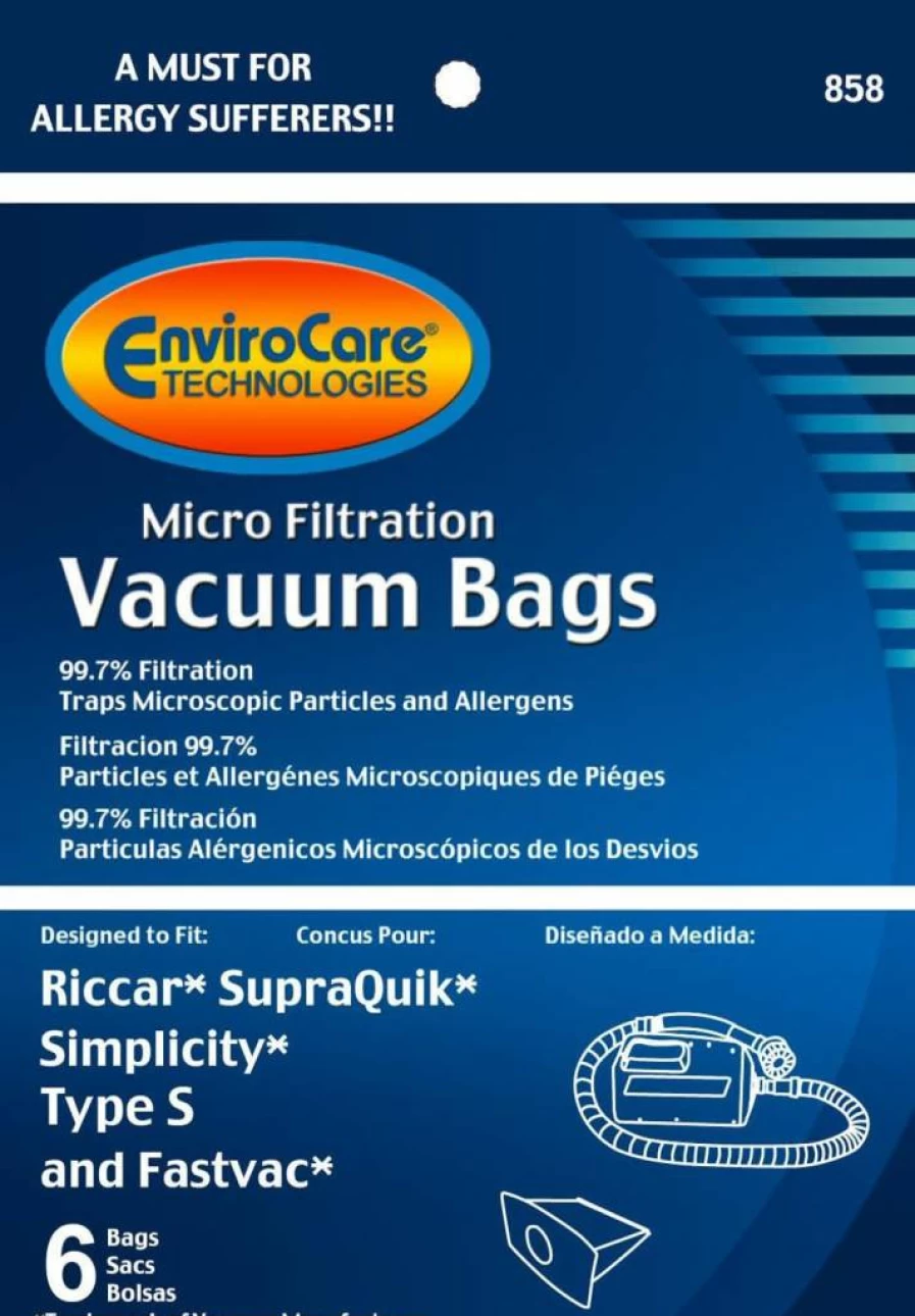 EnviroCare Replacement Vacuum Bags - 6 Pack Compatible with Riccar SupraQuick, Simplicity Type S, and FastVac Models | HEPA Micro Filtration Dust Bags
