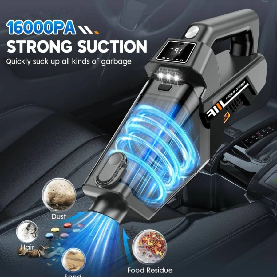 EYYA Cordless Handheld Vacuum Cleaner - 16Kpa Powerful Suction, Rechargeable & Portable for Car, Home, Pet Hair with HD Display & LED Lights