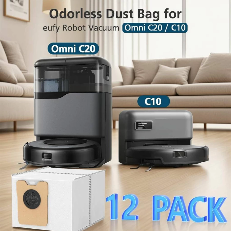 12 Pcs Lacvik Replacement Dust Bags for Eufy RoboVac Omni C10 C20, 3.6L Large Capacity Vacuum Bags with 3-Layer Odor Proof & Leakproof Design