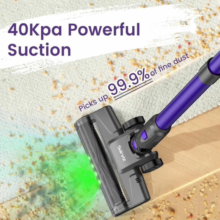 Suirviz U8 Cordless Vacuum Cleaner - 40Kpa Strong Suction, 35Min Runtime, Lightweight Stick Vacuum with Green LED, Self-Standing Design for Pet Hair, Carpets & Hard Floors