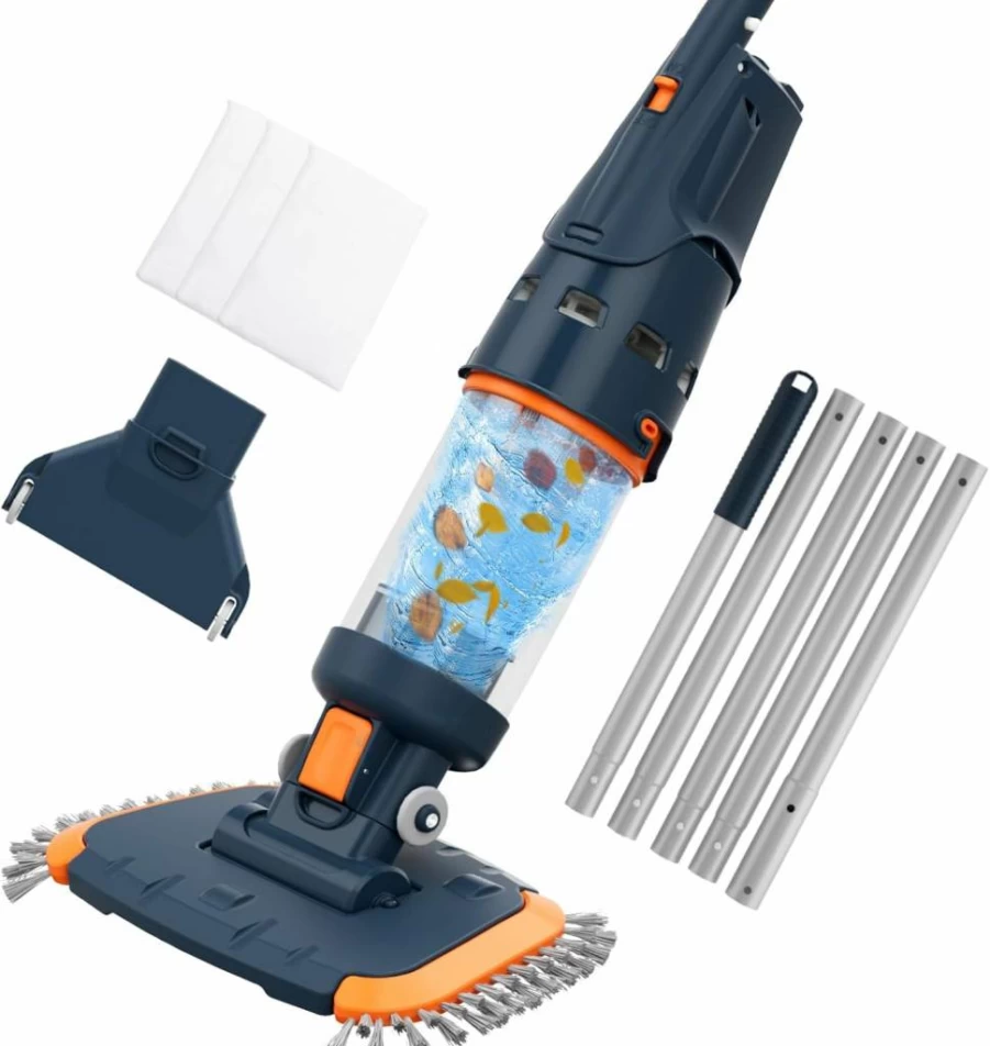 AQUAFYSH Cordless Pool Vacuum Cleaner - 750GPH Strong Suction, 60Min Rechargeable, 3 Fine Mesh Filters, Lightweight with Aluminum Pole & Angle Head for Hot Tubs, Inground, Above Ground Pools