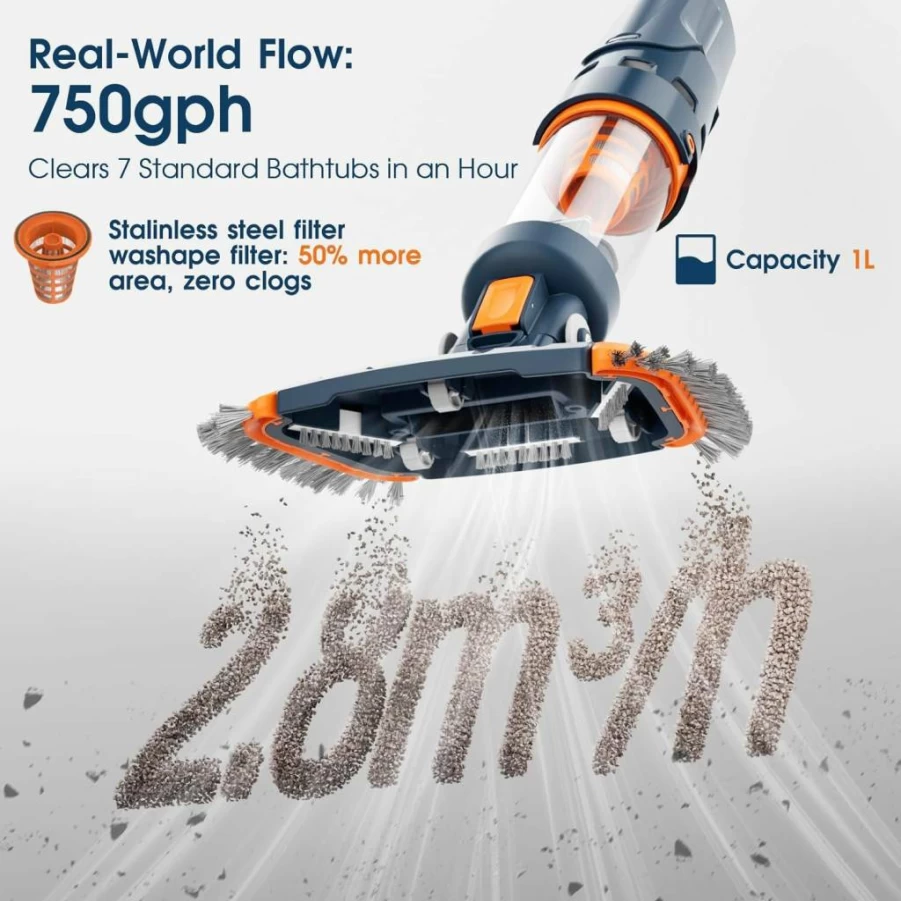 AQUAFYSH Cordless Pool Vacuum Cleaner - 750GPH Strong Suction, 60Min Rechargeable, 3 Fine Mesh Filters, Lightweight with Aluminum Pole & Angle Head for Hot Tubs, Inground, Above Ground Pools