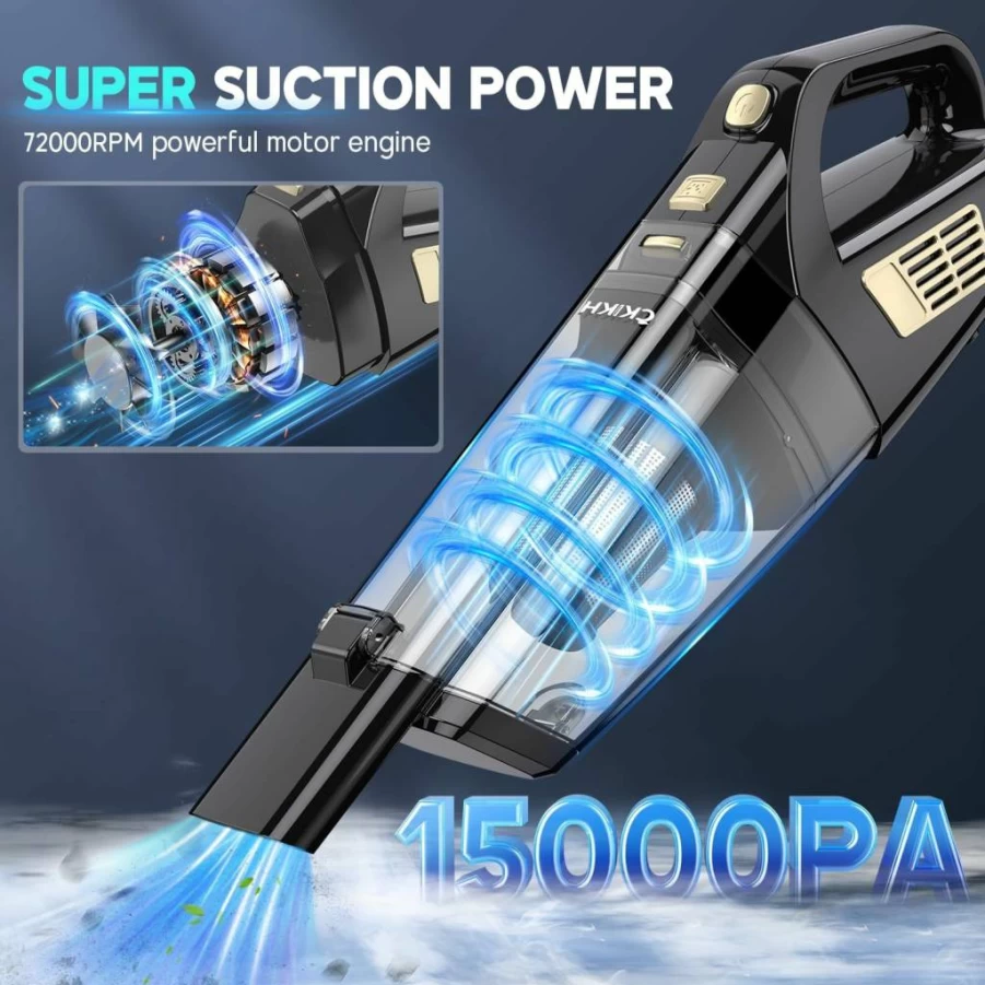 CKIKH Cordless Handheld Vacuum Cleaner - 15000Pa Strong Suction, Lightweight & Portable with Multi-Nozzles, Washable Filter - Ideal for Car, Home, Office, Pet Hair (Rechargeable)