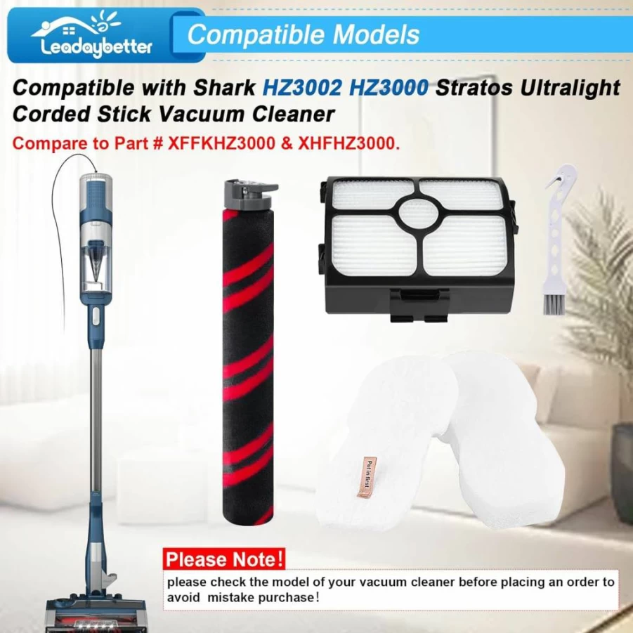 Leadaybetter Hz3002 Vacuum Brush Roller & Filter Replacement Compatible with Shark Hz3002, Hz3000, Stratos Cordless Ultralight & Corded Stick Vacuum - Replaces Part # XFFKHZ3000, XHFHZ3000