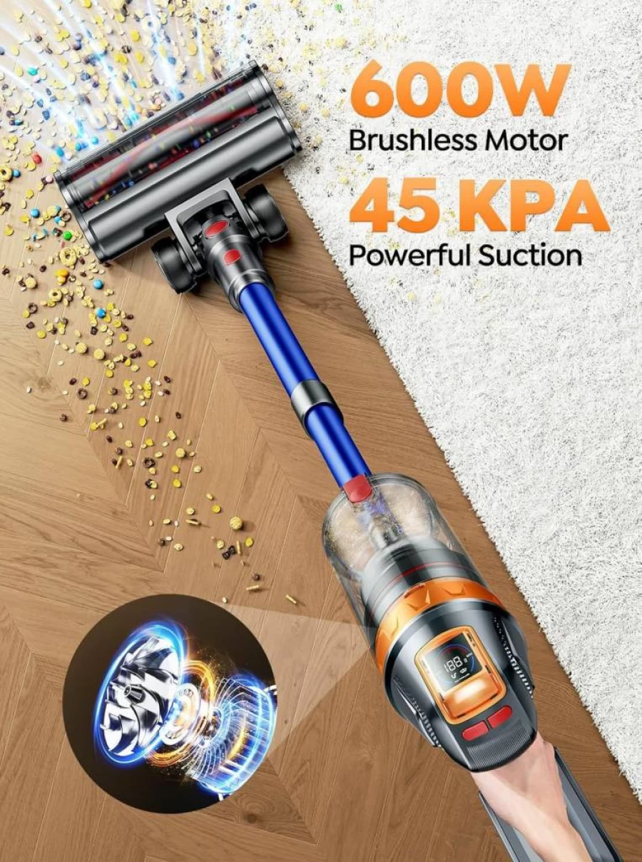 SMOTURE Cordless Stick Vacuum Cleaner, 600W 45Kpa Powerful Suction, 60 Mins Runtime, Self-Standing, Wall Mount Charging, Lightweight for Home Floor Carpet Pet Hair, Includes Upholstery Tool