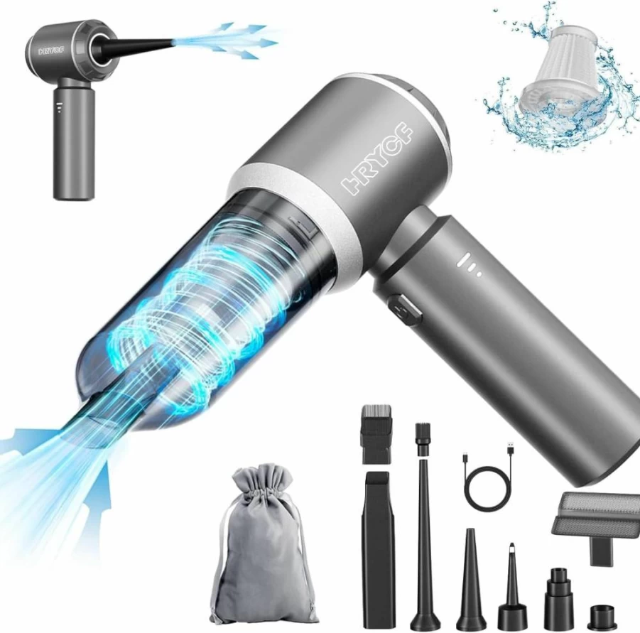 HRYCF 4-in-1 Cordless Mini Vacuum Cleaner - 20000Pa Handheld Vacuum, Air Blower, Pump with Brushless Motor for Car & Home (Portable, Rechargeable, Grey)