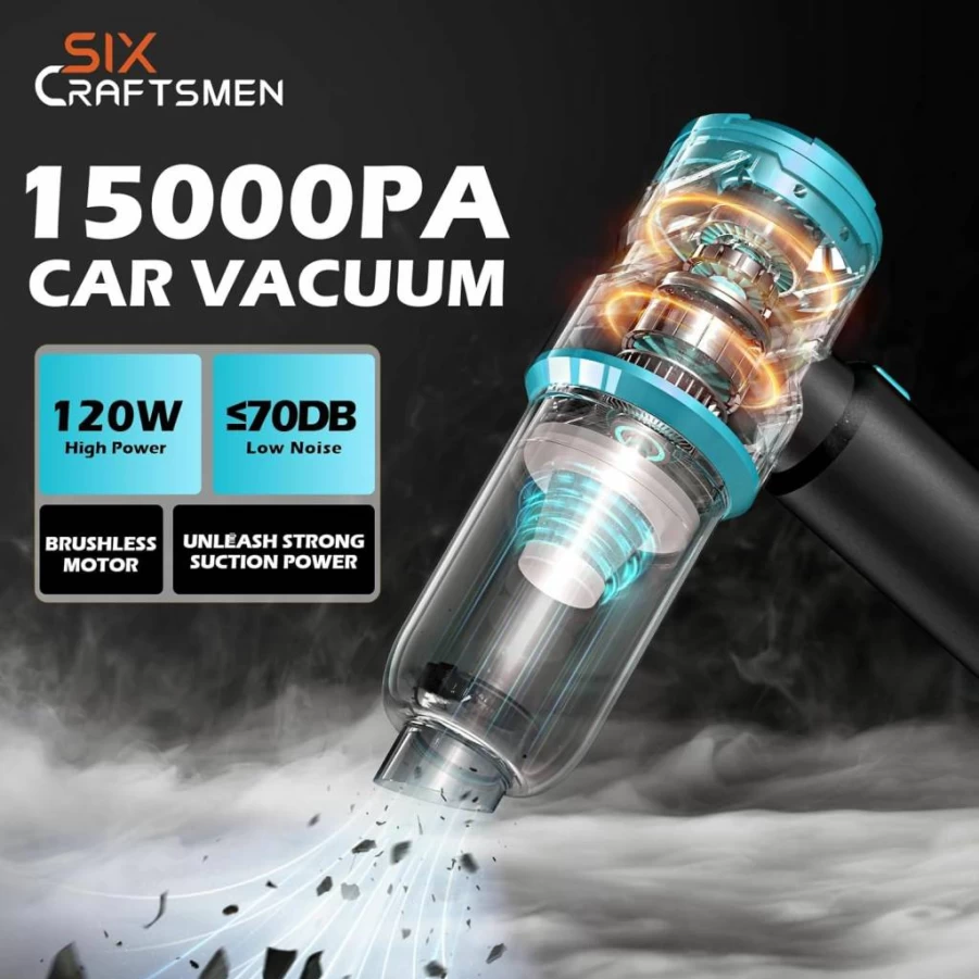 SIX CRAFTSMEN Cordless Handheld Vacuum Cleaner - 15000Pa Powerful Suction, 4-in-1 Portable Car Vacuum with 2000mAh Battery, Rechargeable Mini Vac for Pet Hair, Home, Office (Gold)