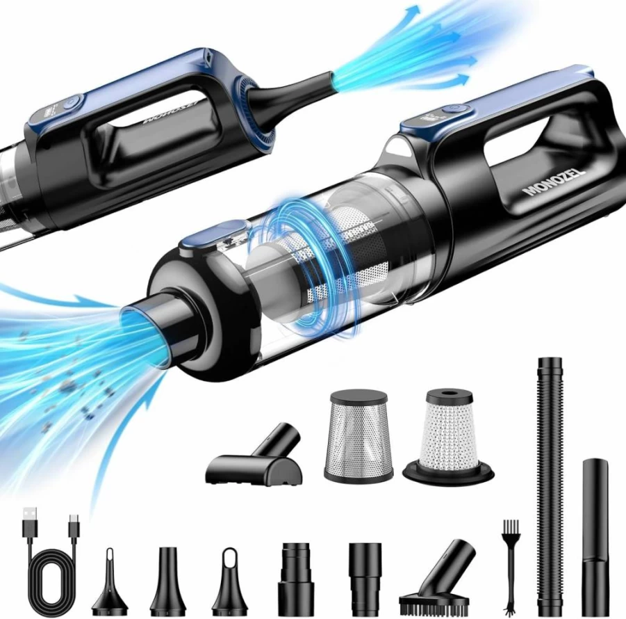 MONOZEL Cordless Car Vacuum Cleaner 18000Pa Powerful Suction, 2-in-1 Handheld Vacuum & Air Duster with 7800mAh Battery, 130W Brushless Motor, LED Light, Multi-Attachments for Home, Car, Pet Hair Cleaning