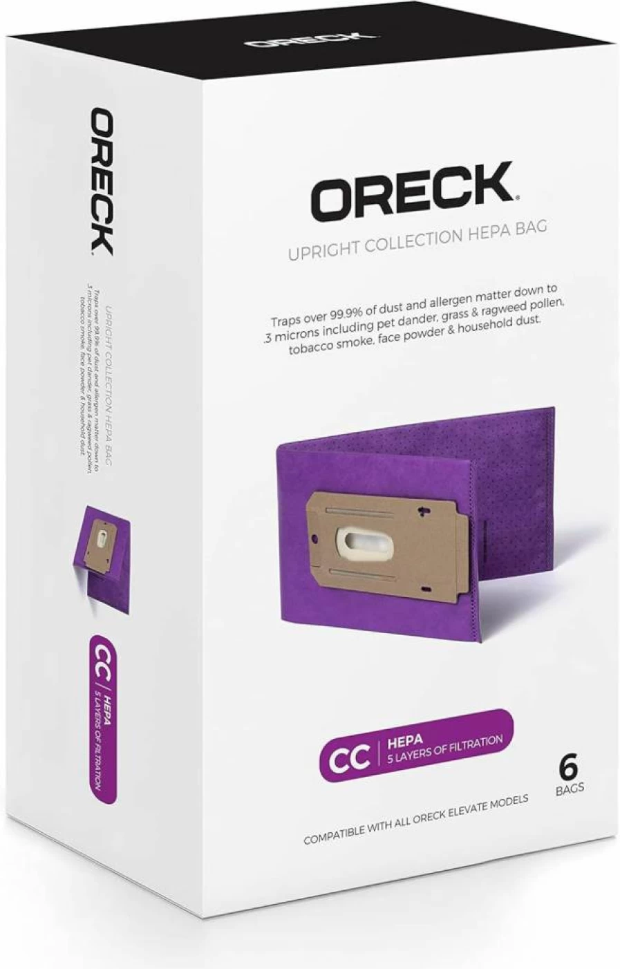 Oreck AK1CC6H HEPA Vacuum Bags, Type CC, 6-Pack for Upright Vacuums, Purple Filtration Replacement Bags