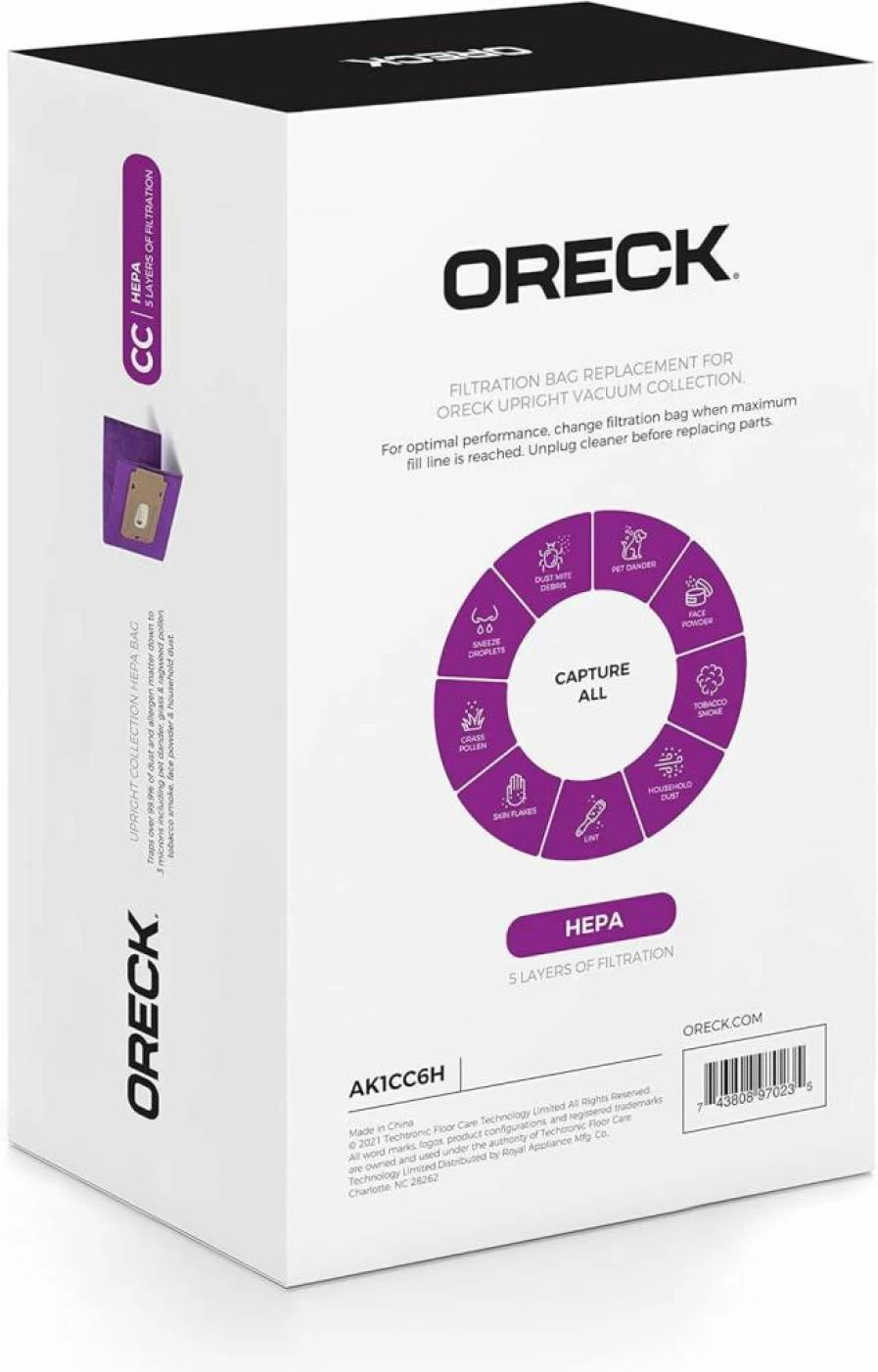 Oreck AK1CC6H HEPA Vacuum Bags, Type CC, 6-Pack for Upright Vacuums, Purple Filtration Replacement Bags