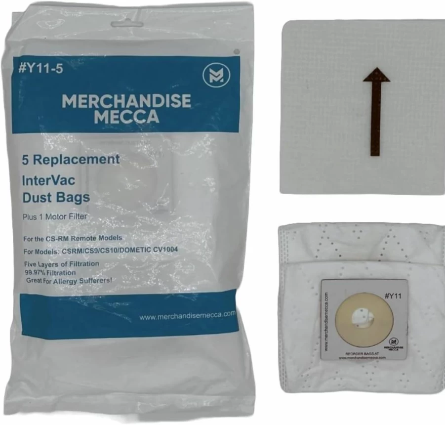 Premium Replacement Vacuum Bags for Intervac CSRM, CS9, CS10 & Dometic CV1004 - 5 Cloth Dust Bags + 1 Motor Filter - Compatible with #Y11-5 - by Merchandise Mecca