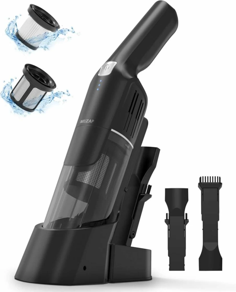 MUZAP Cordless Handheld Vacuum Cleaner - 15Kpa Powerful Suction, 30 Min Runtime, Rechargeable with Charging Base, 500ml Detachable Dust Cup, 1.4Lb Lightweight, 2-in-1 Brush for Car, Pet Hair & Kitchen Cleaning (Black)