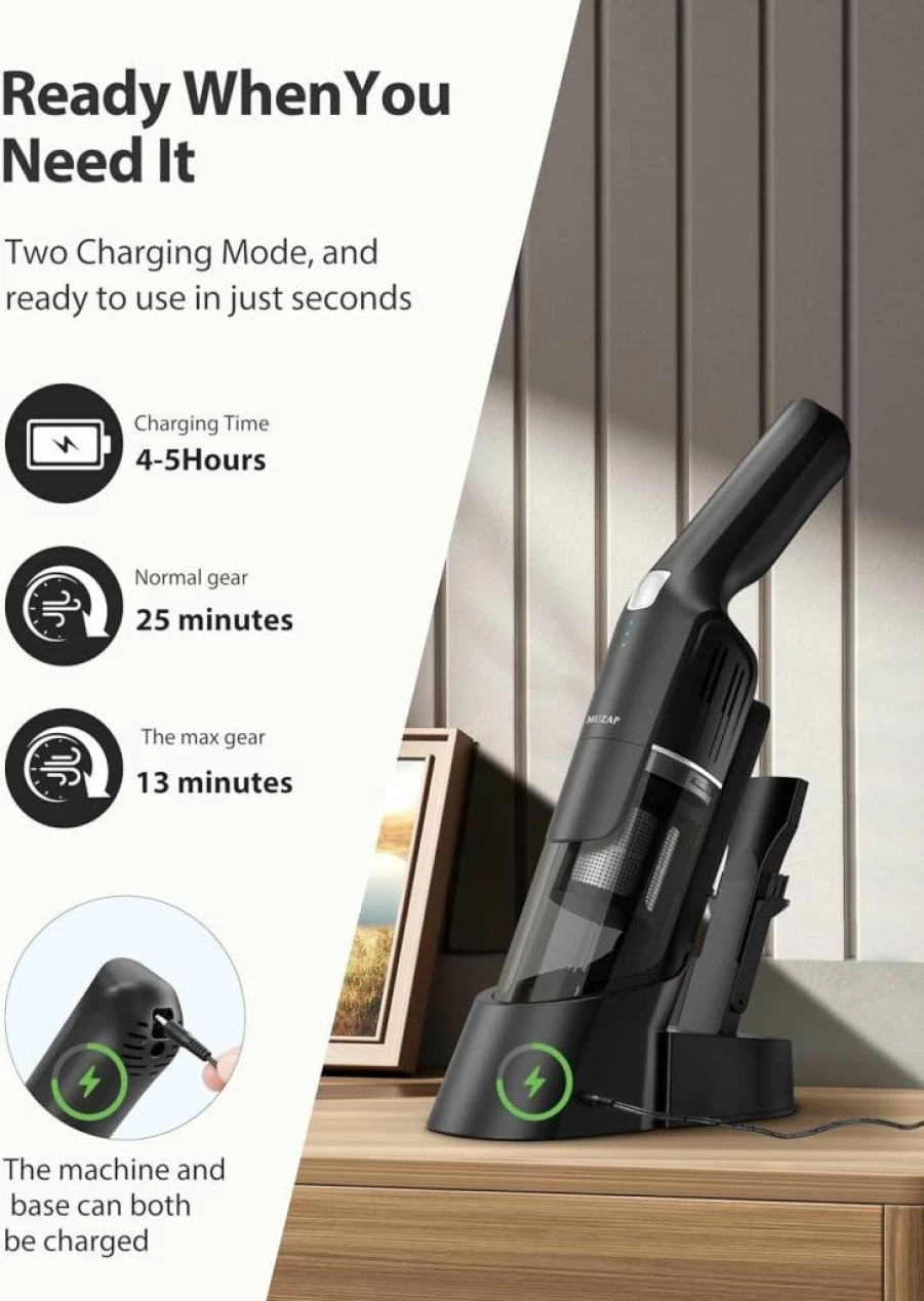 MUZAP Cordless Handheld Vacuum Cleaner - 15Kpa Powerful Suction, 30 Min Runtime, Rechargeable with Charging Base, 500ml Detachable Dust Cup, 1.4Lb Lightweight, 2-in-1 Brush for Car, Pet Hair & Kitchen Cleaning (Black)