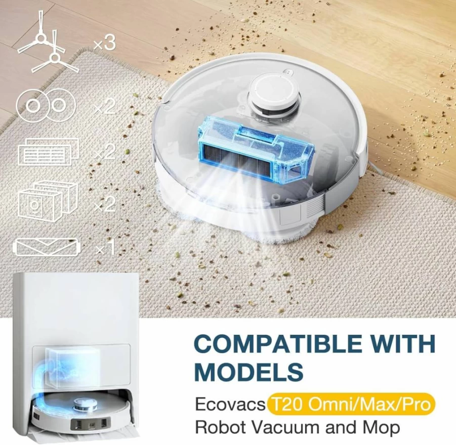 Lacvik Ecovacs T20 Omni/Max/Pro Replacement Parts Kit - Main Brush, HEPA Filters, Mop Pads, Vacuum Bags, Side Brushes for Ecovacs T20 Series Robot Vacuum Cleaner