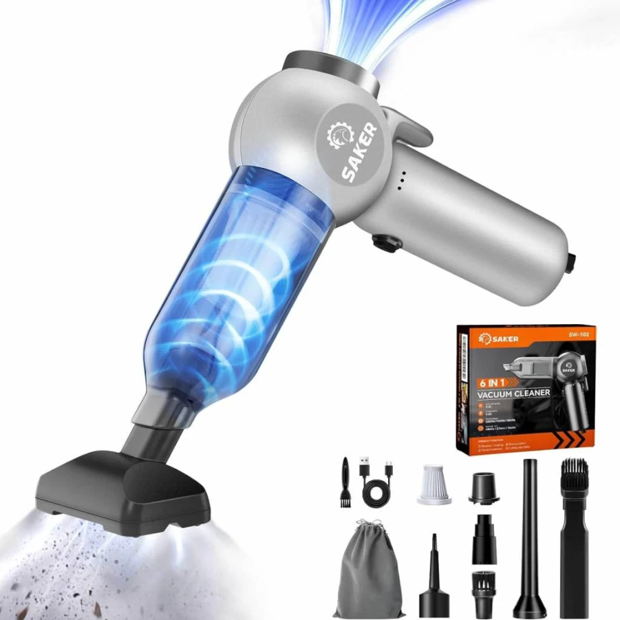 Saker SW102 6-in-1 Cordless Car Vacuum Cleaner, 20000Pa Handheld Rechargeable Vacuum with 7800mAh Battery, Type-C Charging, Window Breaker, Seatbelt Cutter for Home, Office & Auto Cleaning (Blue Gray)