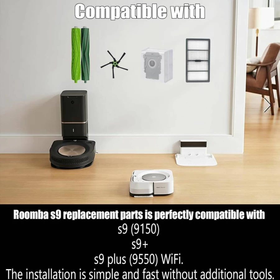 Pmosata Replacement Parts Kit for iRobot Roomba S9 & S9+ (9150/9550) - 2 Rubber Roller Brushes, 8 HEPA Filters, 8 Vacuum Bags, 8 Side Brushes, 2 Cleaning Tools