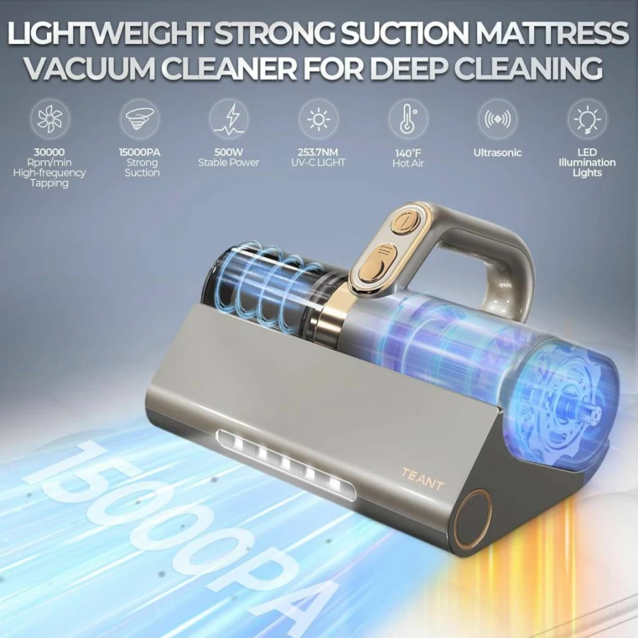 Teant 500W Handheld Mattress Vacuum Cleaner with UV-C Light, HEPA Filter, 140°F Heating & 15Kpa Suction - Dual-Cup Design for Bed, Pet Hair Removal