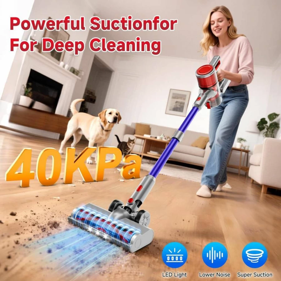BSNAW N504 Cordless Stick Vacuum Cleaner - 40Kpa Powerful Suction, 45Min Runtime, 8-in-1 Lightweight Handheld Vacuum for Pet Hair, Hard Floors & Carpets, Rechargeable Battery