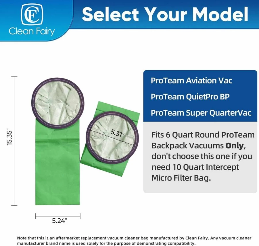 CF Clean Fairy 15-Pack 6Qt Vacuum Bags Replacement for Proteam Aviation Vac QuietPro BP & Super QuarterVac Models, Micro Filter Bags 15.35" x 5.24" (Compatible with Part #100431)
