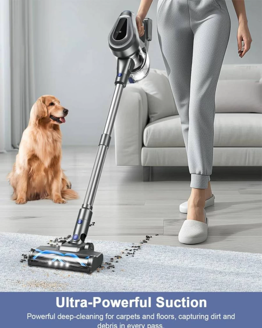 GlowWise Cordless Stick Vacuum Cleaner 150AW Powerful Suction, Tangle-Free Brushroll for Pet Hair, LED Display, Lightweight for Carpet & Hardwood Floors, Car Cleaning