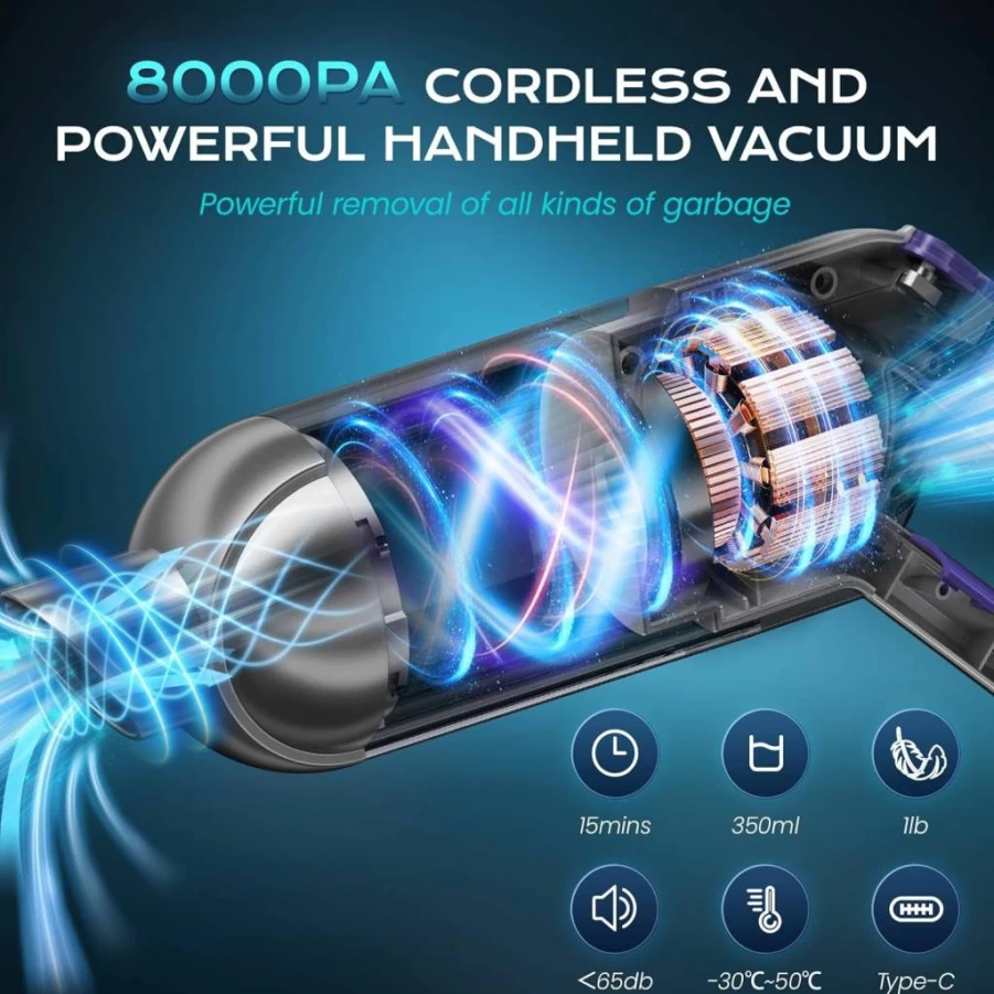 NecYINuoVe Cordless Handheld Vacuum Cleaner - Powerful Suction, Rechargeable, Lightweight for Car, Home, Office, Pet Hair, LED Light, Portable Black Vacuum