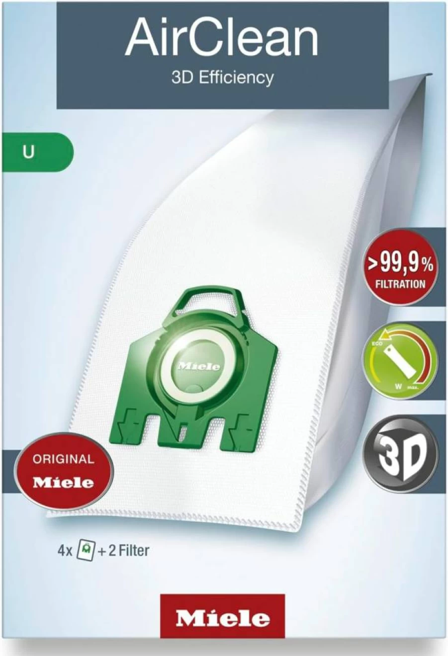 Miele Original Airclean 3D Efficiency U Vacuum Bags - 4 Pack for Dynamic U1 & S7 Models, 99.9% Dust Filtration, Model 10123230