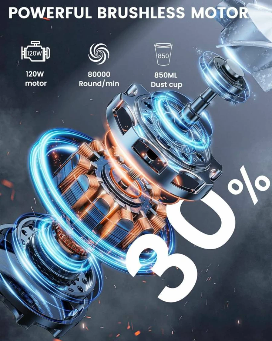 TANYO Cordless Handheld Vacuum Cleaner - 15Kpa Strong Suction, 5-in-1 Portable Rechargeable Vacuum with LED Light, 120W Brushless Motor for Car, Home, Office, Pet Hair, and Dust Cleaning