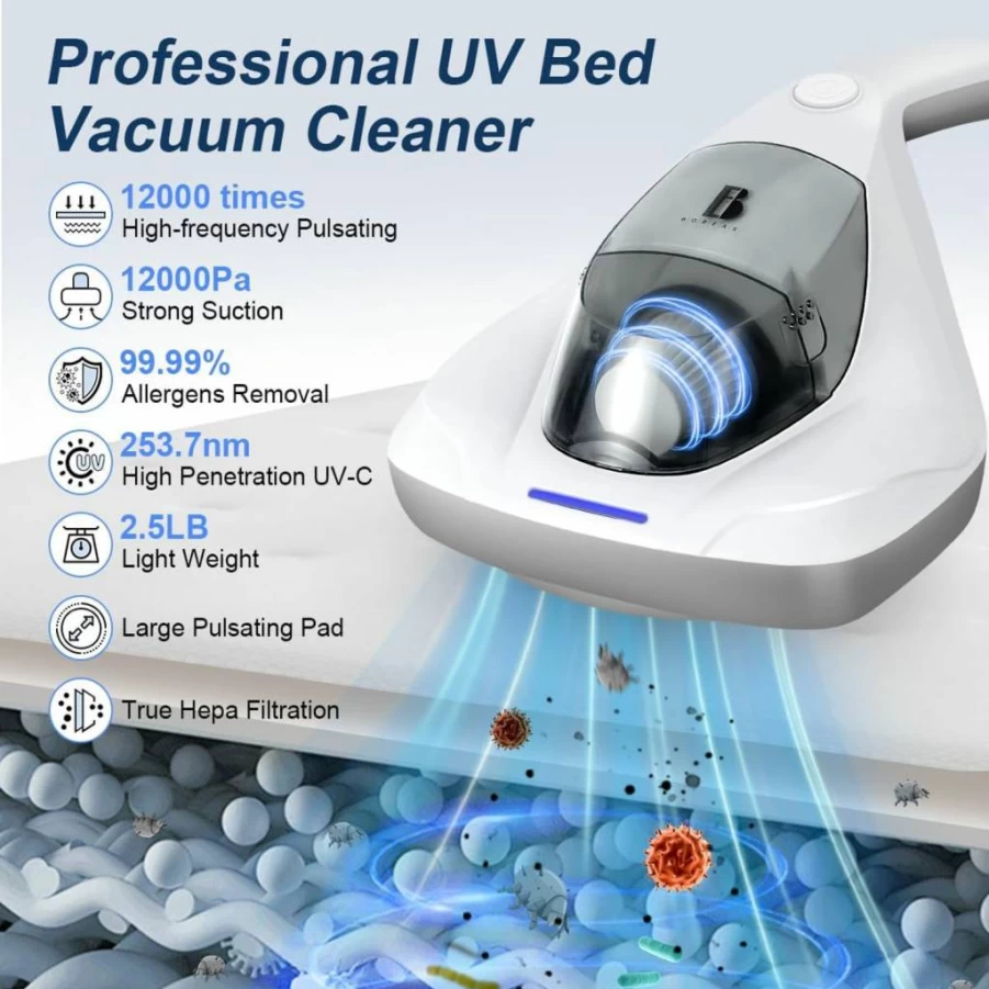 Boreas AP002 Mattress Vacuum Cleaner with UV-C Light, HEPA Filter, Powerful Suction for Dust, Pet Hair, Allergen Removal, Pulsating Pad, Corded Design