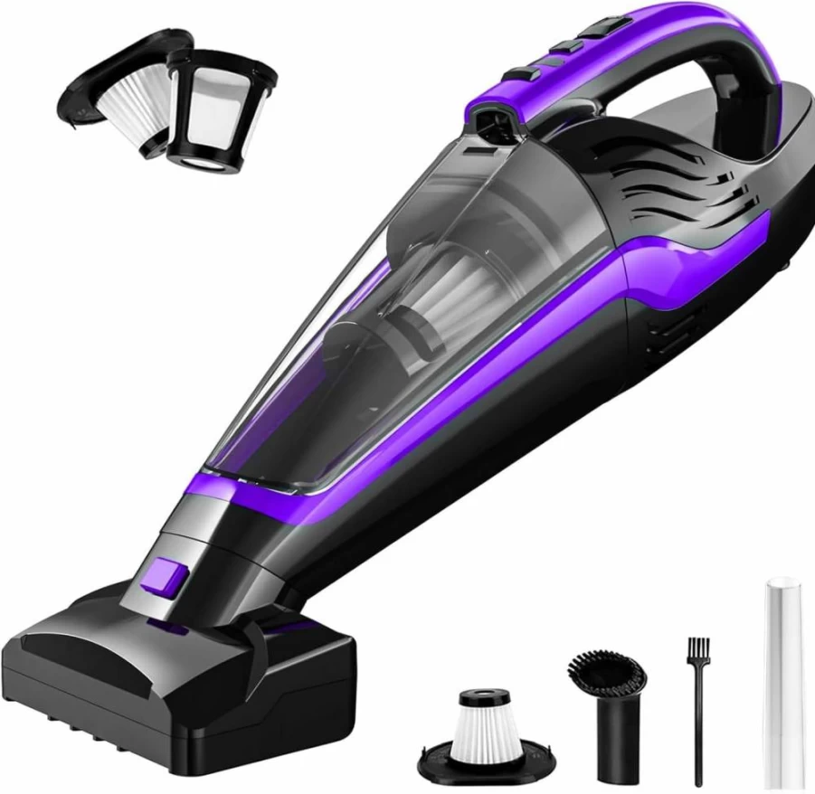 Powools Cordless Handheld Vacuum for Pet Hair - Portable Rechargeable Car Vacuum with Motorized Brush, Reusable Filter for Carpet, Couch & Stairs - Red, 17.4x4.6x6.6 Inches