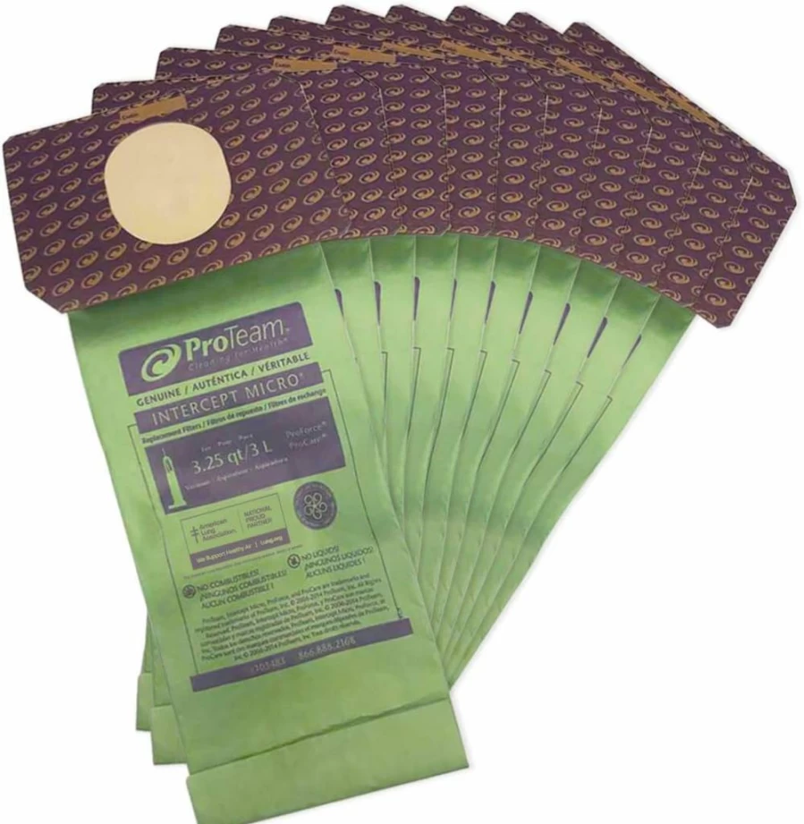 ProTeam 103483 3.25-Quart Micro Filter Bags - 10-Pack Green Replacement Vacuum Filters for Optimal Dust Control