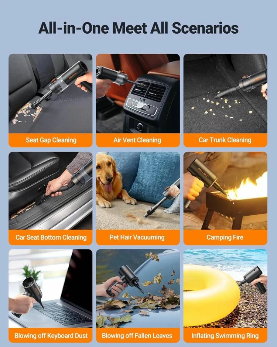 SEALIGHT Cordless Car Vacuum Cleaner 22000Pa - 4-in-1 Portable Handheld Vacuum for Auto, Pet Hair, Home & Office - Powerful Mini Air Duster with Car Accessories