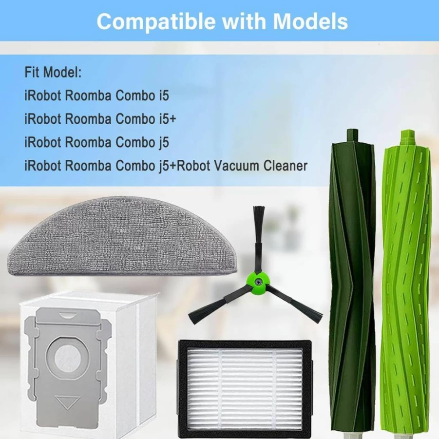Tivcroxs Replacement Parts Kit for iRobot Roomba Combo i5, i5+, j5, j5+ - 4 Filters, 4 Mop Pads, 4 Side Brushes, 1 Roller Brush, 4 Vacuum Bags