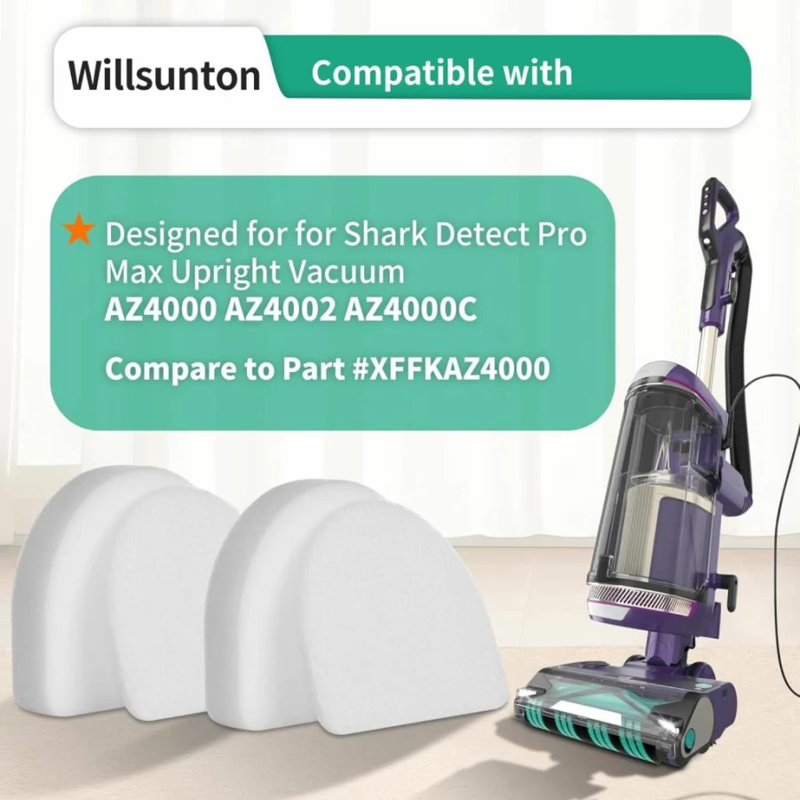 Willsunton 4-Pack Replacement Filters Compatible with Shark Powerdetect AZ4000 AZ4002 AZ4000C Vacuum - Includes 2 Foam & 2 Felt Filters - Replaces Part #XFAZ4000