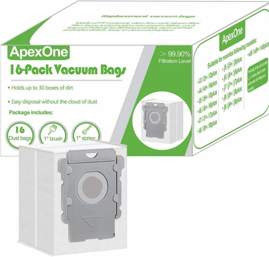 Apexone 16 Pack Vacuum Bags Compatible with iRobot Roomba i-Series & j-Series Auto-Empty Dust Bins (i3/i4/i5/i6/i7/i8, j5/j6/j7/j8/j9, s9+) - Dirt Disposal Bags for Clean Base