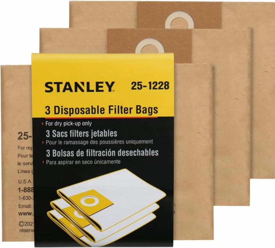 Stanley 3-Pack Disposable Filter Dust Bags for 2.5-3.5 Gallon Wet/Dry Vacuums, Compatible with SL18136 and Other Models