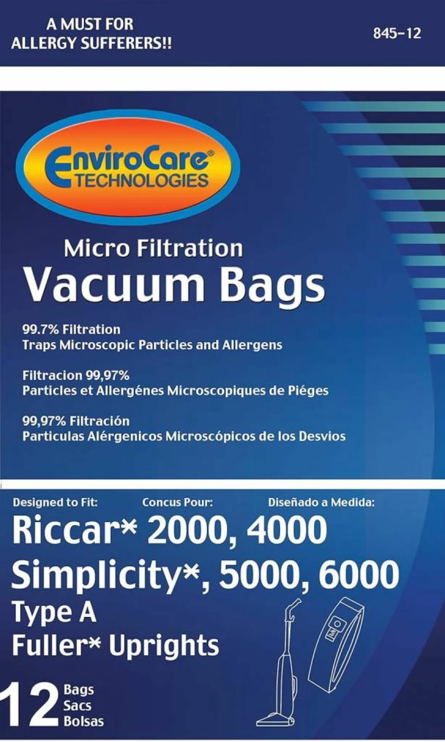 EnviroCare 12-Pack Replacement Vacuum Cleaner Dust Bags Compatible with Riccar 2000 4000 Vibrance & Simplicity 5000 6000 Symmetry Type A - Micro Filtration Bags