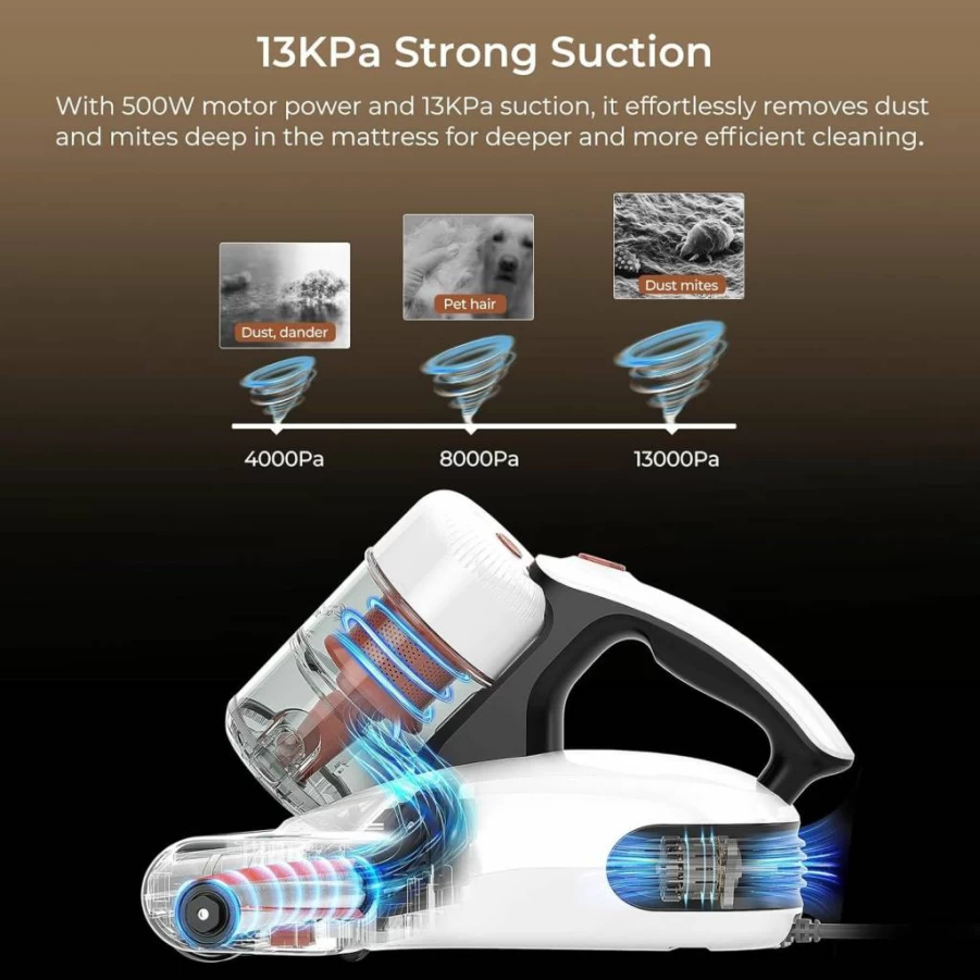 JIGOO 500W UV Bed Vacuum Cleaner with 13Kpa Strong Suction & High Heat Tech for Deep Cleaning Mattress, Sofa & Fabric Surfaces (Corded, 120V)