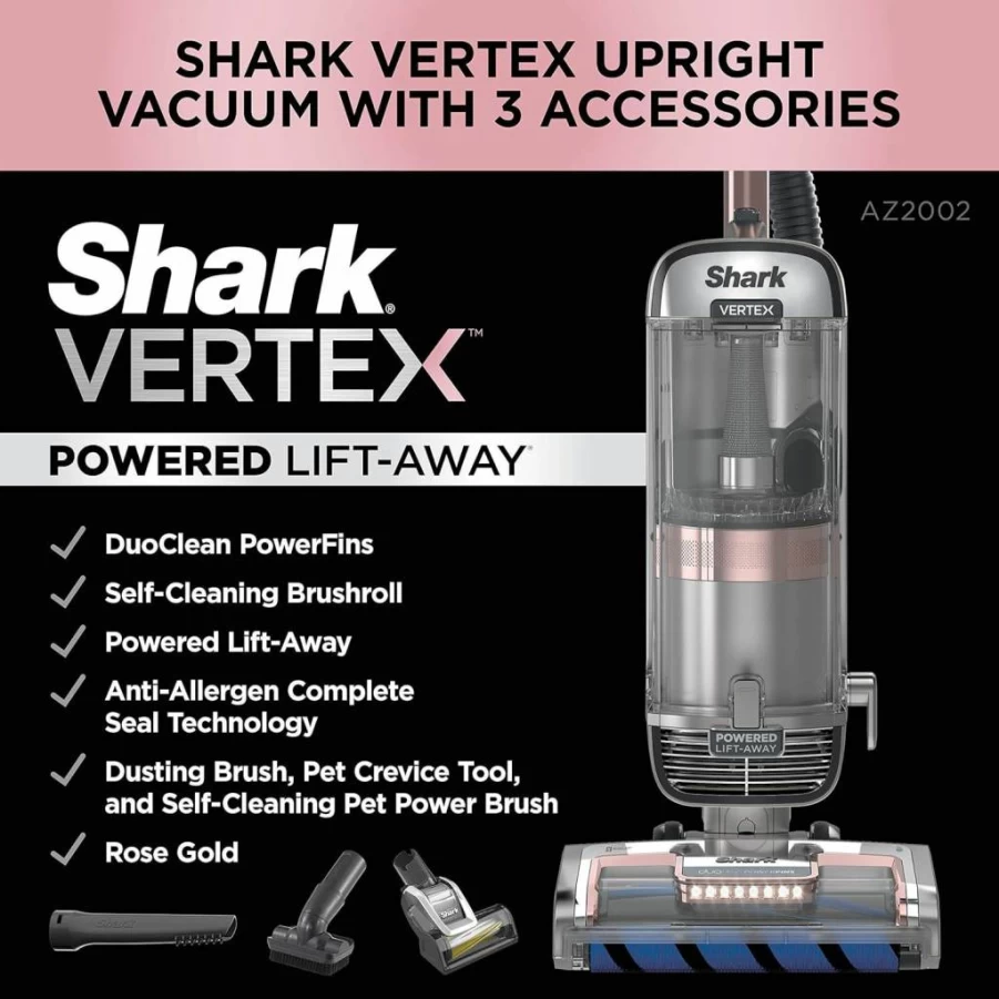 Shark Vertex DuoClean PowerFins Upright Vacuum with Powered Lift-Away, Self-Cleaning Brushroll, HEPA Filter, 1 Quart Capacity, Rose Gold (Renewed)