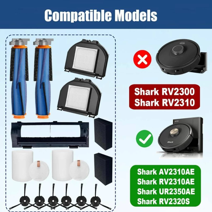 GuoYiAMA Replacement Parts Kit for Shark Matrix RV2310AE/UR2360S - 2 Main Brushes, 6 Side Brushes, 2 Foam Filters, Dustbin Filters, Brush Cover - Compatible with Shark Vacuum Models AV2310AE/UR2350AE